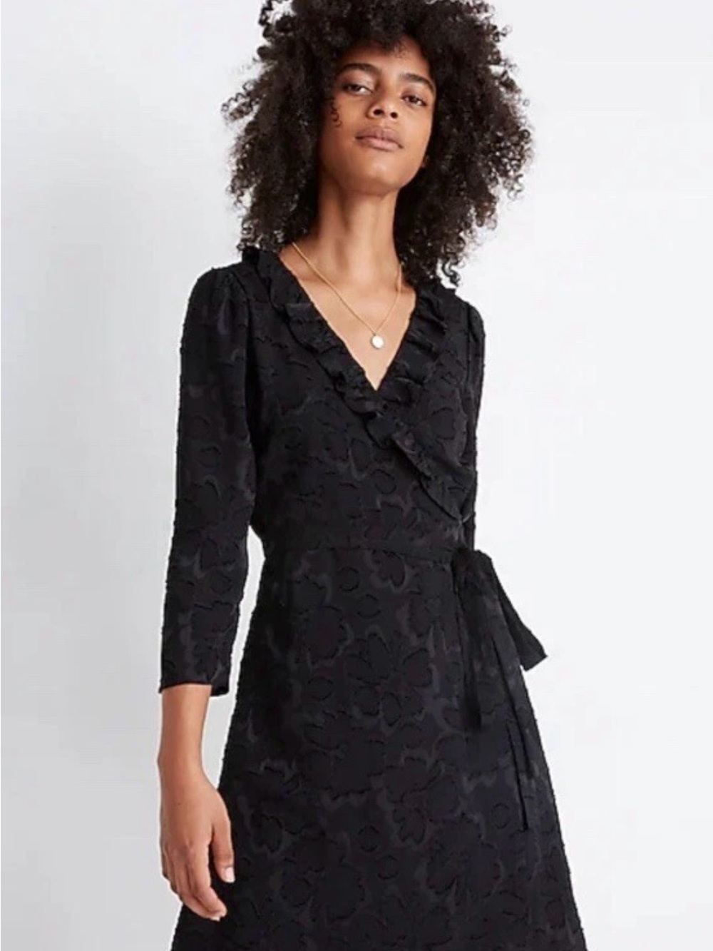 Madewell Black Floral-Texture Wrap Dress